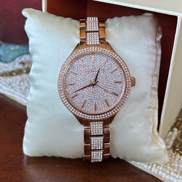 Michael Kors Pave Crystal Rose Gold Tone Watch Slim Runway Sparky Mid-Sized main image 14
